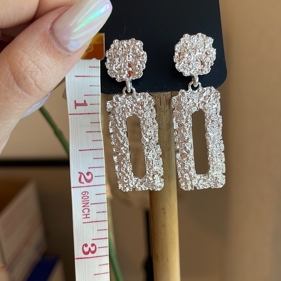 Silver Textured Rectangle Earrings - Picture 2 of 3